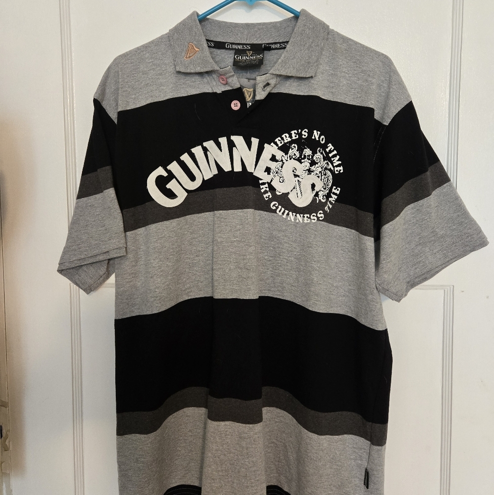 Guinness Grey and Black Horizontal Stripe Polo Size Large